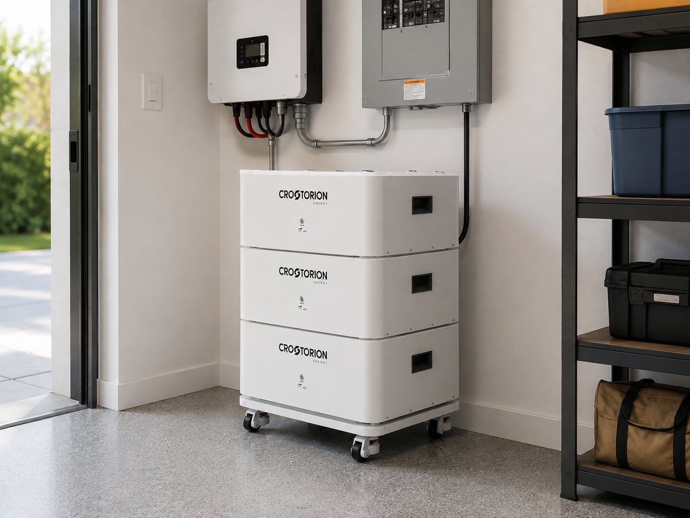 A stacked Crostorion home battery installed in a garage